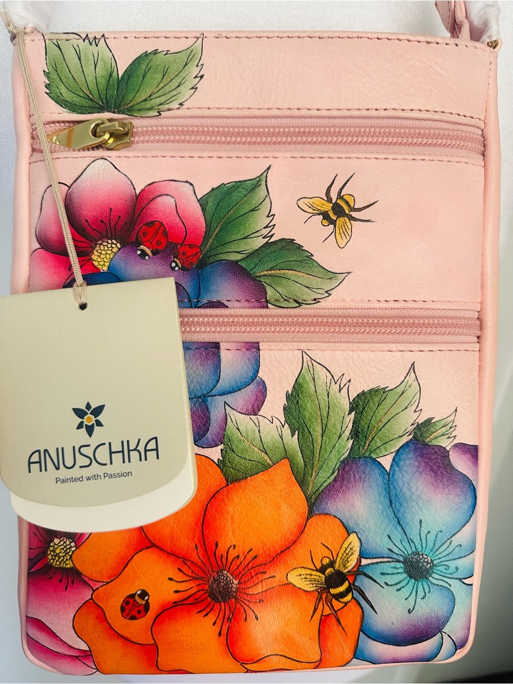 NWT Anuschka Hand-Painted Leather RFID Crossbody
Bag - Paradise Found Pink